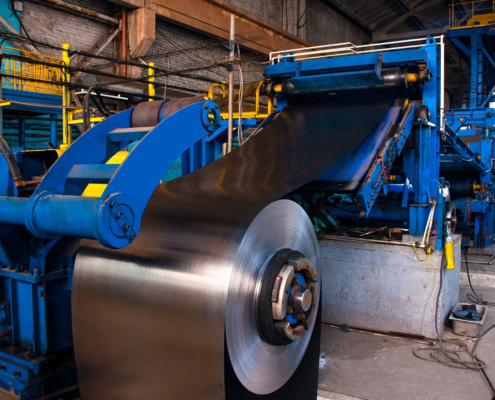 Manufacture of galvanized steel by rolling. Galvanized steel passes through coils